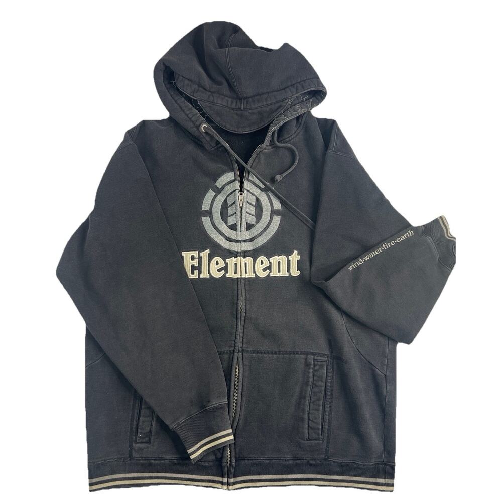 VTG Element Wind Water Fire Earth Full Zip Black Hoodie Skater Y2K Men’s XL